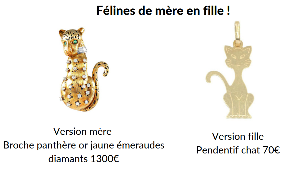 bijou pour mère : broche en forme jaguar couleur or et jaune émeraude et bijou pour fille : pendentif chat en or blanc