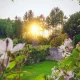 jardin avec coucher de soleil