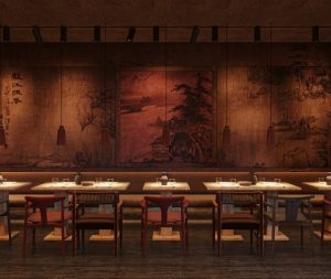 Intérieur du restaurant UNI Paris avec fresques japonaises et atmosphère immersive.