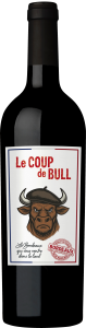 Le Coup de Bull : vin rouge contenu dans une bouteille en vert noir. Sur l'étiquette, le nom du vin ets écrit en rouge, en dessous un taureau avec un berret a un air fâché