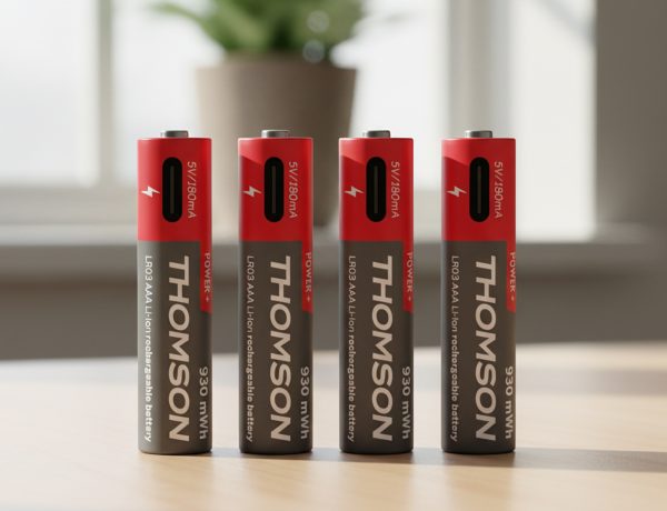 Quatre piles Thomson rechargeables debout sur une table en bois avec une plante en pot dans le fond