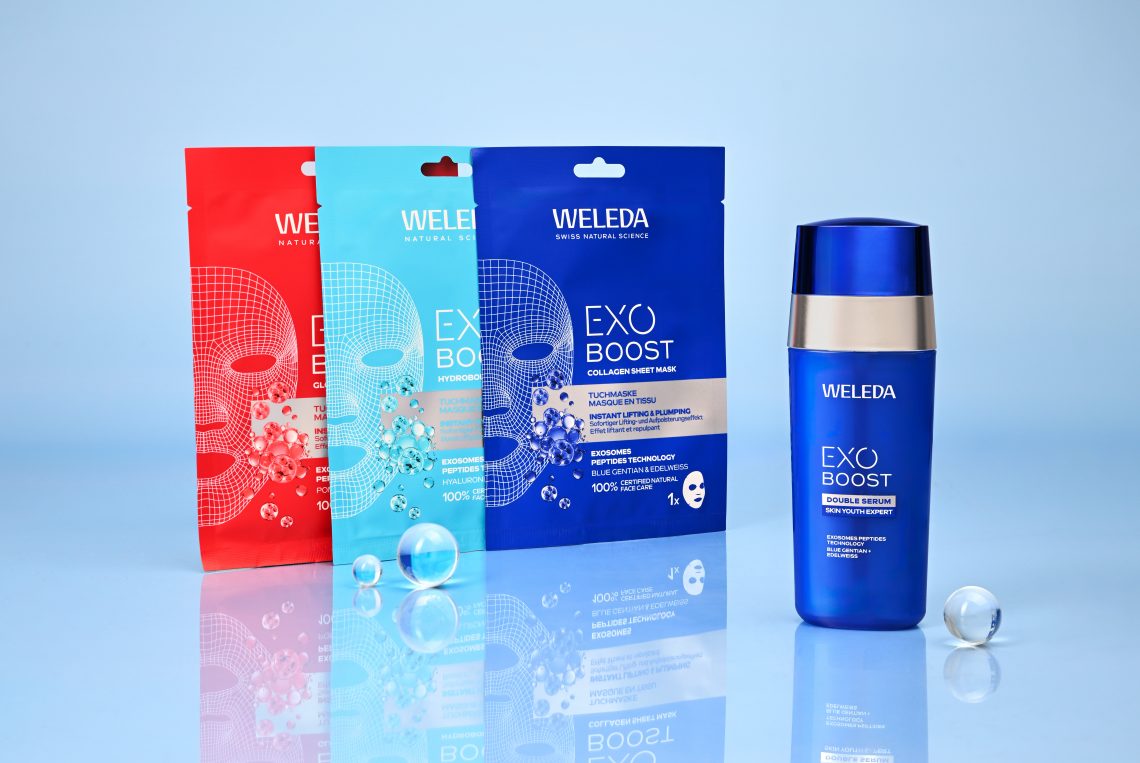 Masque exo boost, trois sachet ed couleur rouge, cyan et bleu foncée avec bouteille bleue foncée