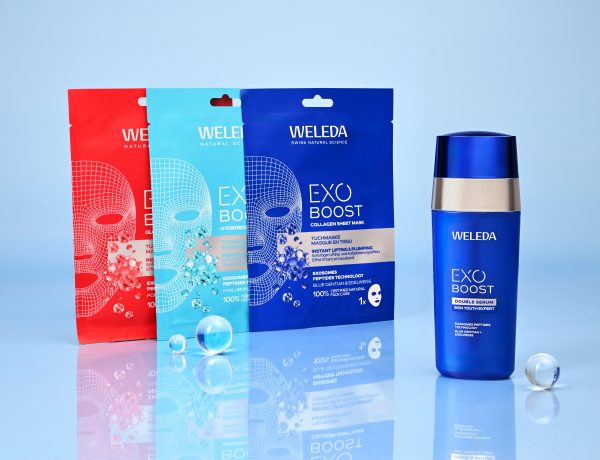 Masque exo boost, trois sachet ed couleur rouge, cyan et bleu foncée avec bouteille bleue foncée