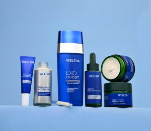 produit Weleda bleu avec trousse et fonds blanc