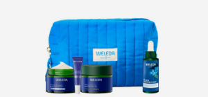 produit Weleda bleu avec trousse et fonds blanc