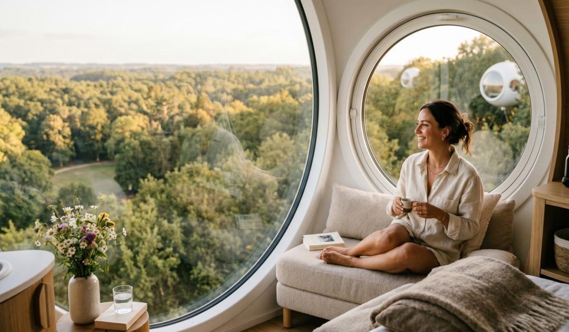 FreshMagazine - Cet hôtel futuriste à 30 minutes de Rennes cache des chambres suspendues à 28 mètres de hauteur