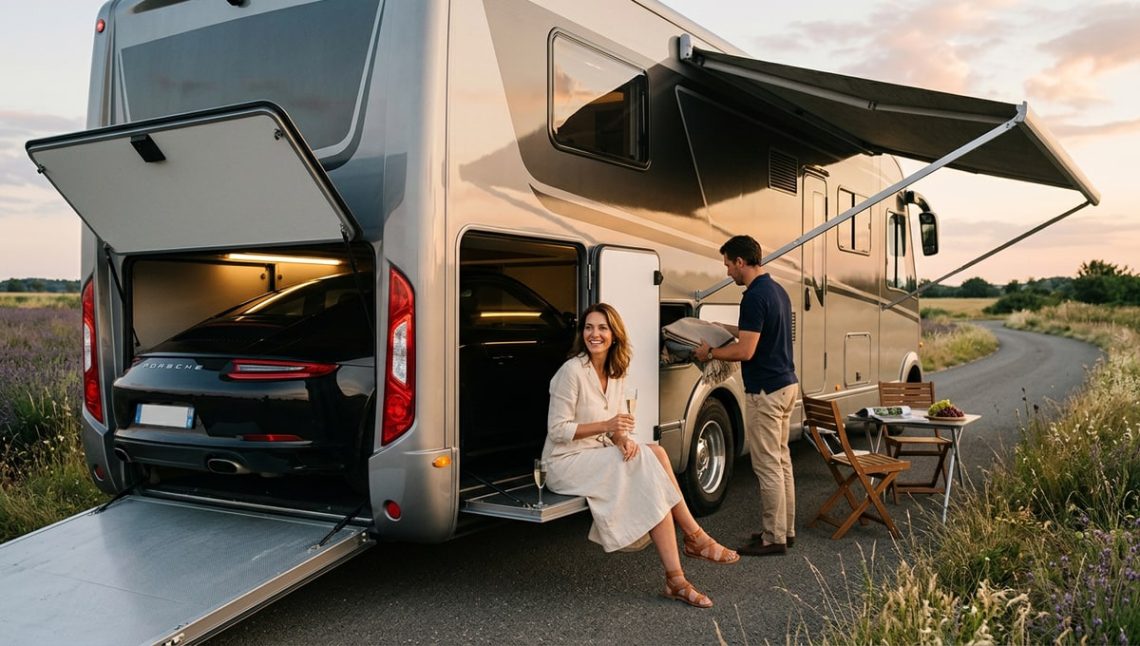 Ce camping-car de luxe de 35 m² embarque un garage pour Porsche 911 et s'affiche à 2,2 millions d'euros
