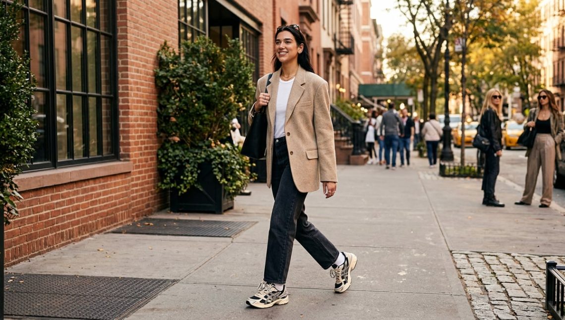 Dua Lipa dans les rues de New York avec les sneakers de la rentrée signées Asics x Completedworks