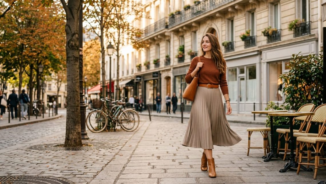 Cette jupe mi-longue Zara couleur mastic prolonge l'été et annonce l'automne