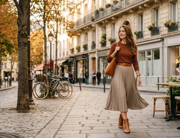 Cette jupe mi-longue Zara couleur mastic prolonge l'été et annonce l'automne