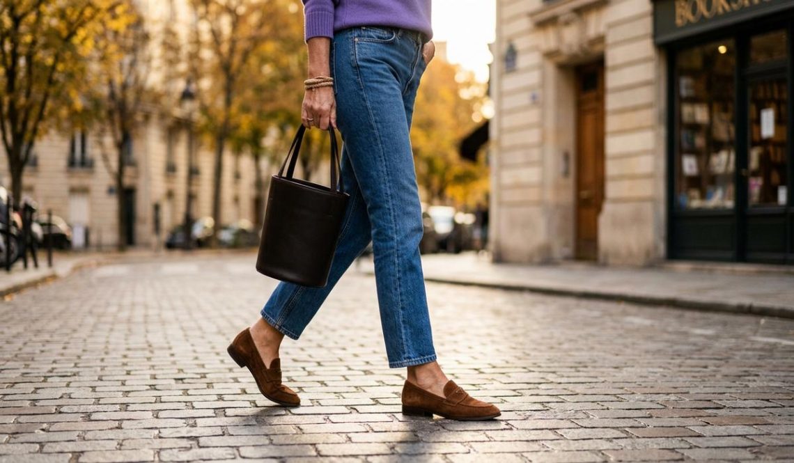 FreshMagazine - Les mocassins en daim Prada de Sophie Davant sont les chaussures plates les plus chics de l'automne