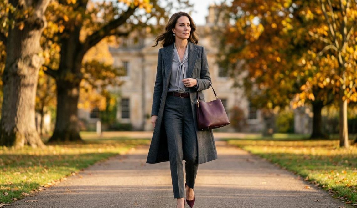FreshMagazine - Kate Middleton mise sur un total look gris et un sac Smythson bordeaux pour l'automne 2026