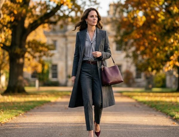 FreshMagazine - Kate Middleton mise sur un total look gris et un sac Smythson bordeaux pour l'automne 2026